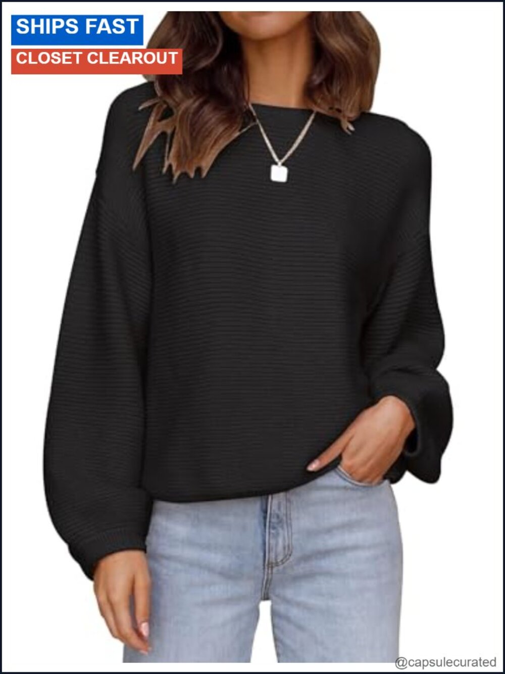 Long Sleeve Knit Pullover Sweater Boat Neck Lantern Sleeve